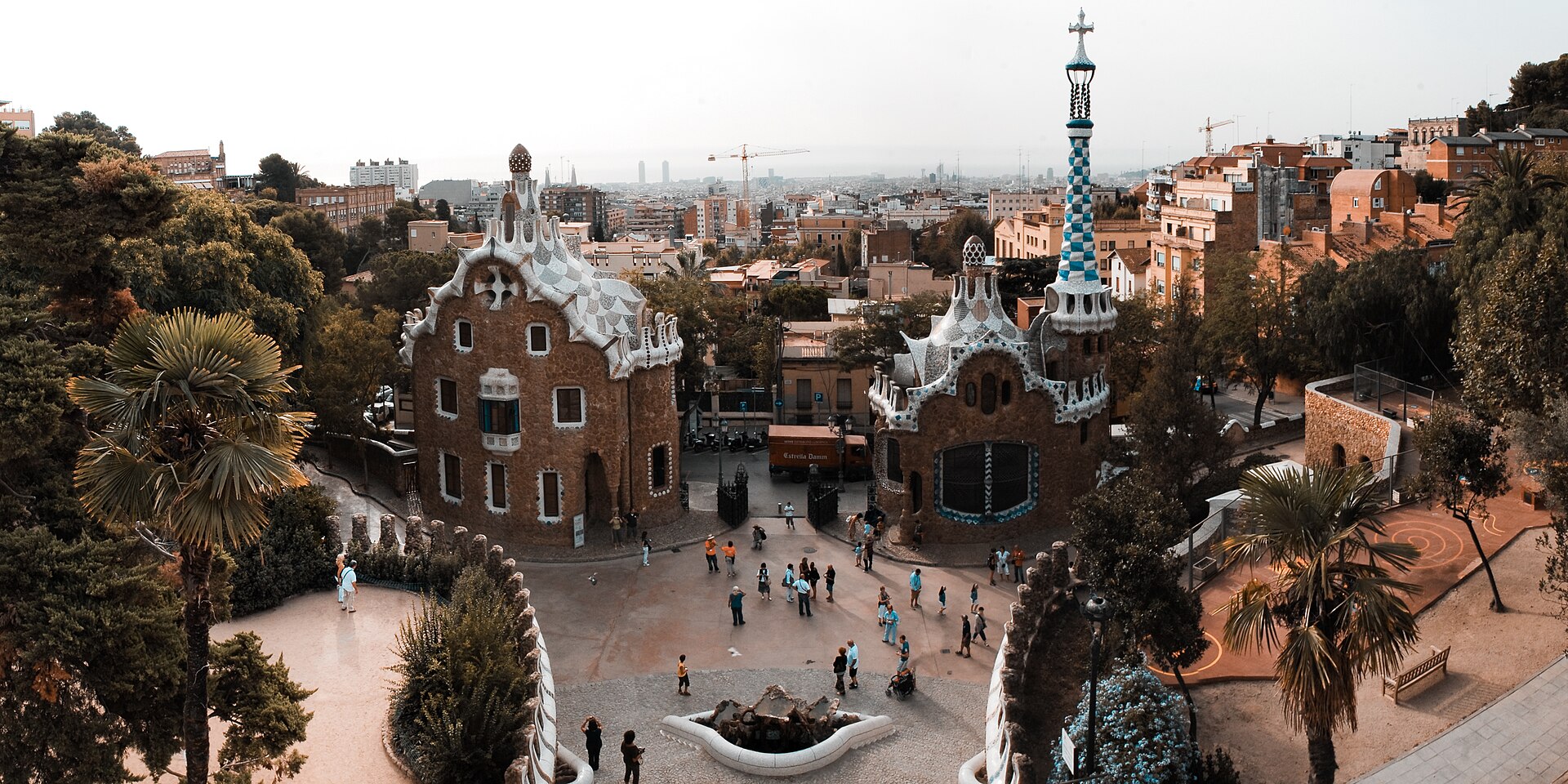 Gaudí’s entrance pavilions at Park Güell overlooking Barcelona