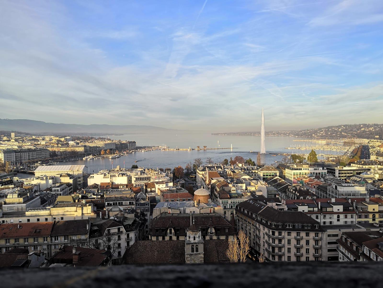 Geneva rooftops, Lake Geneva and the Jet d’Eau fountain