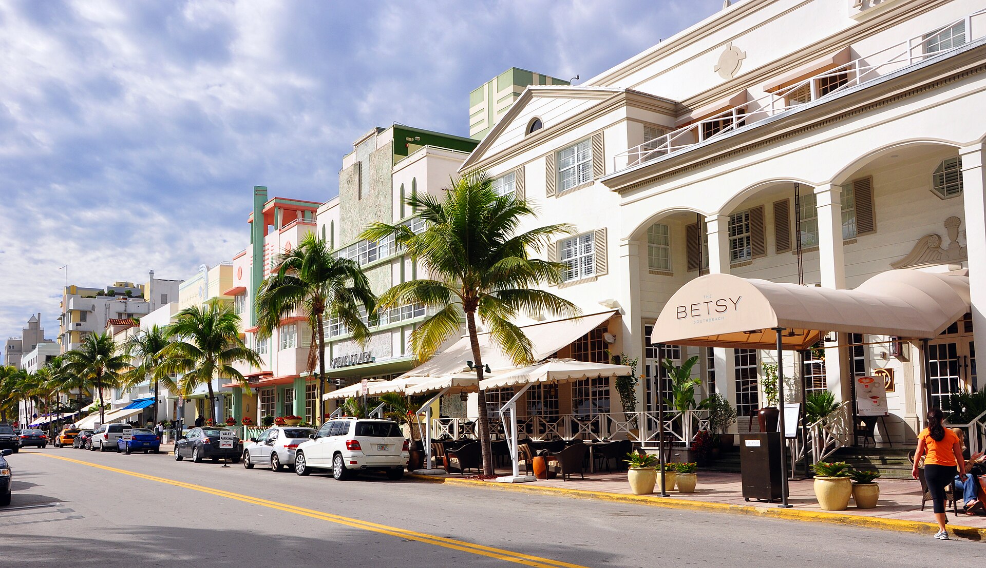 Palm trees and Art Deco buildings on Ocean Drive in Miami Beach
