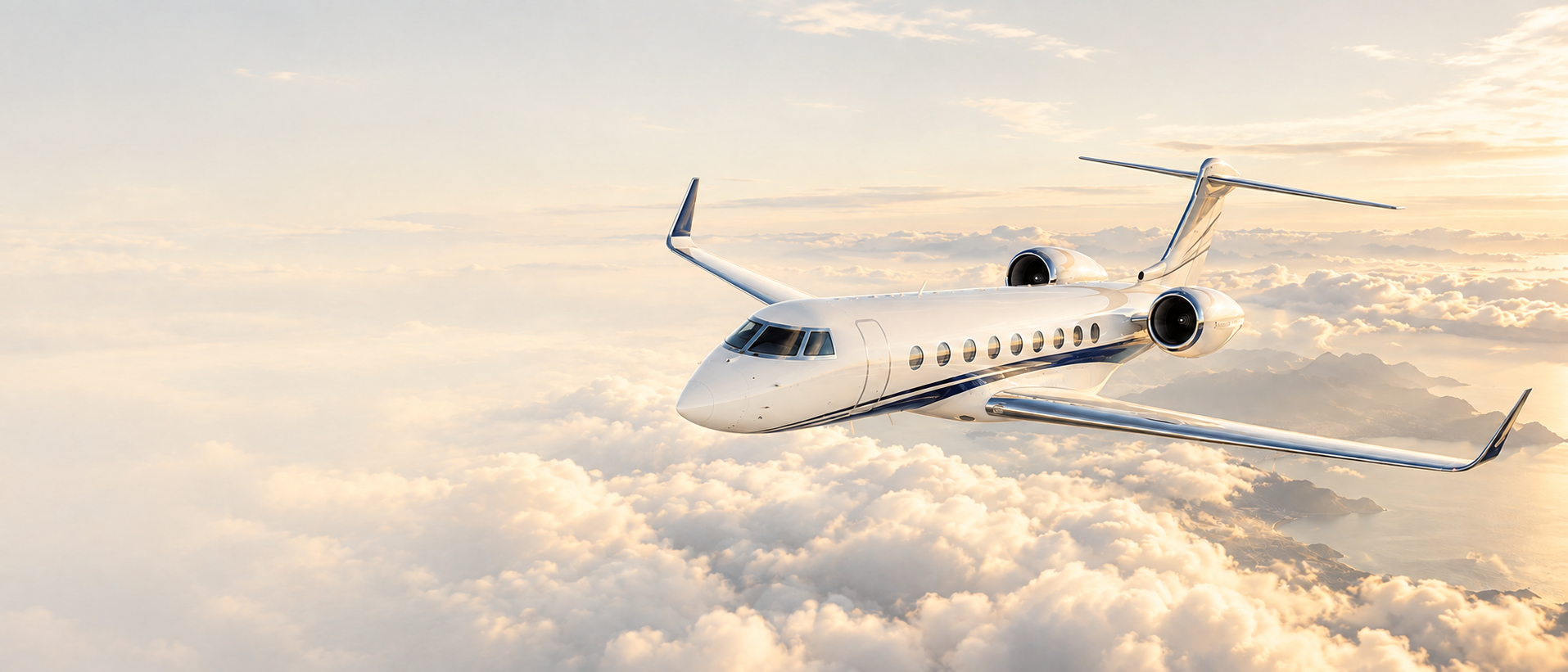 A white business jet above pearl-coloured clouds in warm sunlight