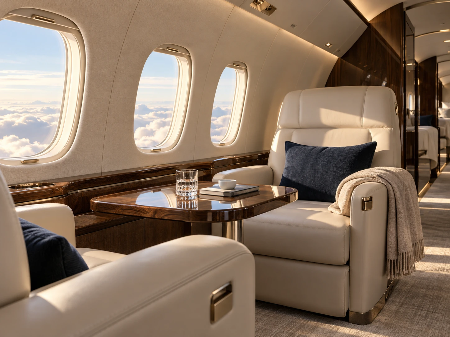 Cream leather seating and warm walnut details in a sunlit private jet cabin